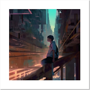 lost boy in a cyber cityscape Posters and Art